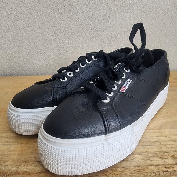 Superga 2790 Platform Leather Shoes Womens Size 8.5 Black Lace Up S00C790 - Picture 6 of 11